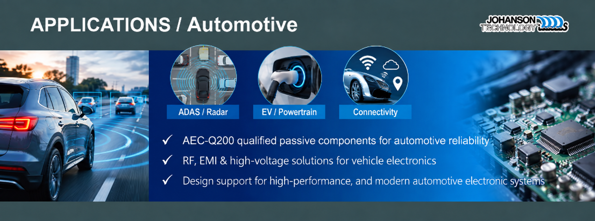 Johanson Technology automotive applications banner showing ADAS/radar, EV/powertrain and connectivity icons, highlighting AEC-Q200 qualified passive components, RF, EMI and high-voltage solutions, and design support for automotive electronics